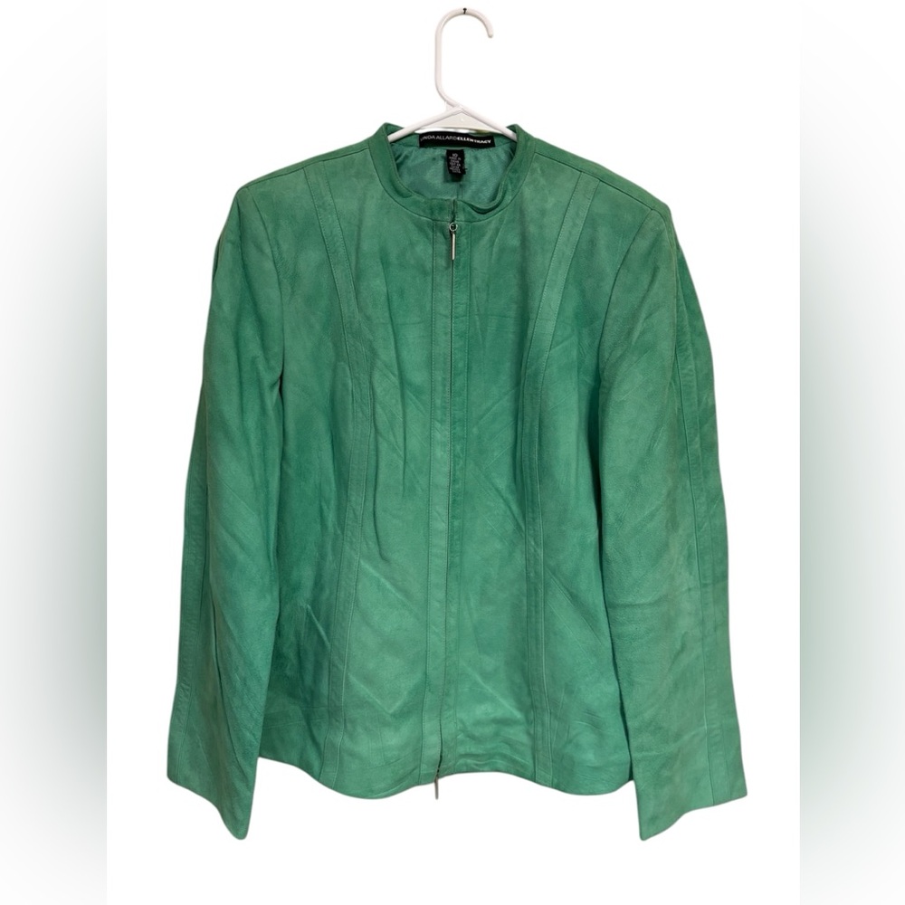 NWT VTG Linda Allard Ellen Tracy leather suit blazer skirt green office 10 12